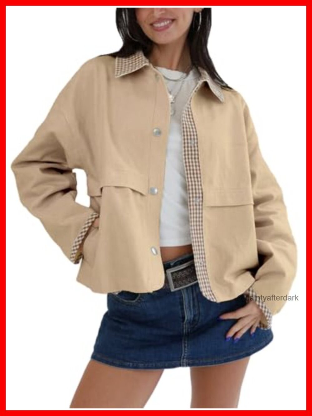 Gingham Cropped Jacket Women Lightweight Lapel Snap Trench Coat